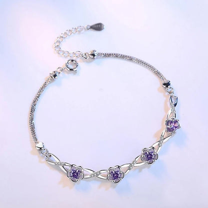 925 Silver Purple & White Zircon Plum Flower Bracelet Women