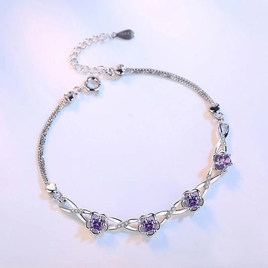 Luxury 925 Sterling Silver Purple and White Zircon Plum Flower Bracelet for Women Elegant Floral Jewelry Gift