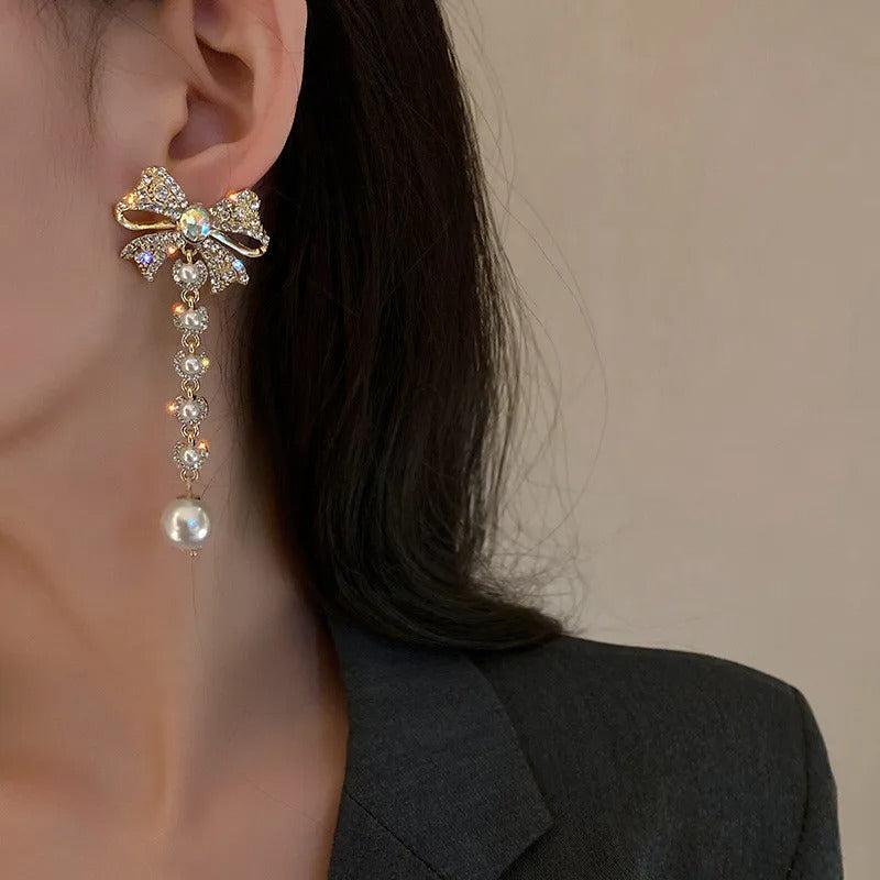 Rhinestone Dangle Earrings for Women Long Tassel Pearl Earrings Weddings Party Jewelry