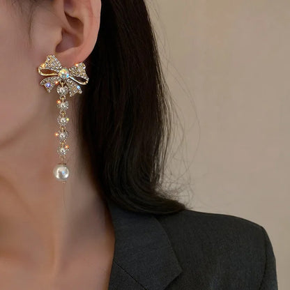 Rhinestone Dangle Earrings for Women Long Tassel Pearl Earrings Weddings Party Jewelry