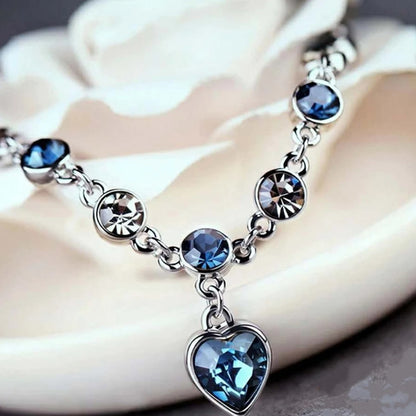 Women Silver Lucky Bracelet Blue Crystal Heart Charm Bridal Jewelry