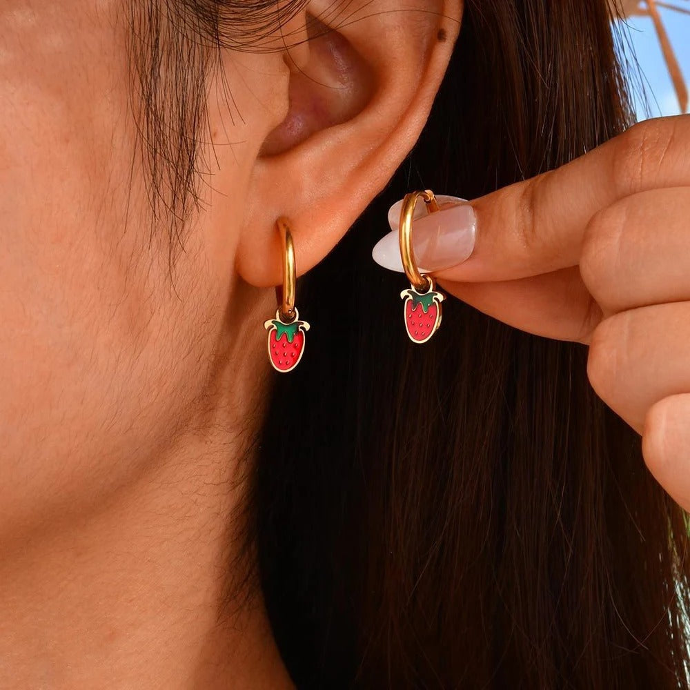 Kolmnsta Stainless Steel Strawberry Cherry Hoop Earrings Women Jewelry