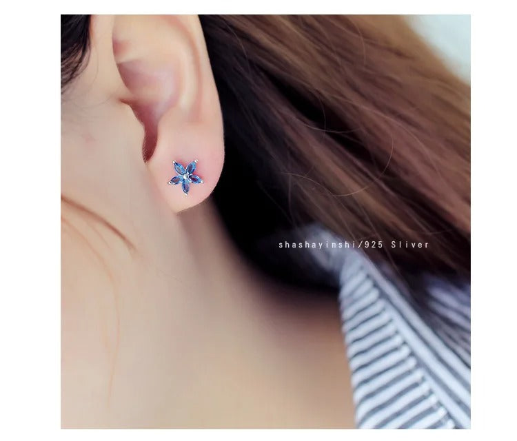 Women’s Small Flower Stud Earrings Blue Zircon 925 Silver Gold