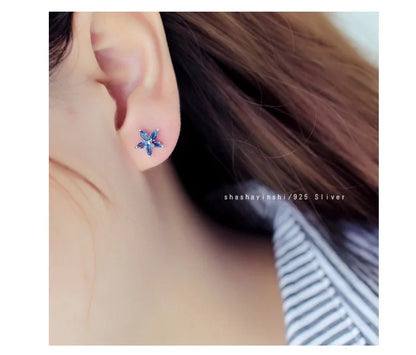 Women’s Small Flower Stud Earrings Blue Zircon 925 Silver Gold