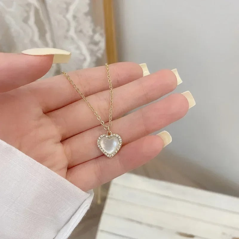Trendy Heart Shaped Pendant Necklace Opal Chain Shiny Women Temperament Jewelry Choker Necklace Wedding Jewelry Gifts