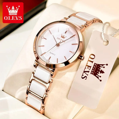 Luxury Women’s Rose Gold Quartz Watch Ceramic Strap OLEVS