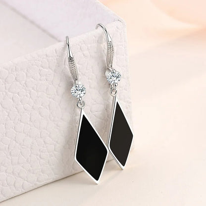 Women’s 925 Silver Rhombus Dangler Earrings Black Zircon Jewelry