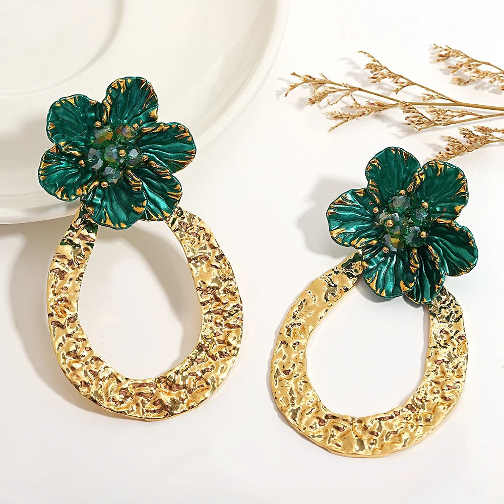 Large Floral Drop Earrings Gold Color Women Pendientes Jewelry