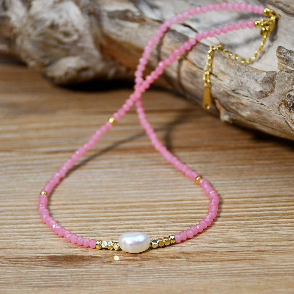 Boho Pink Crystal Beaded Freshwater Pearl Necklace for Women