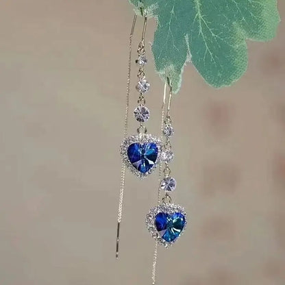 Blue Heart Zircon Tassel Earrings for Women Light Luxury Dangle Jewelry