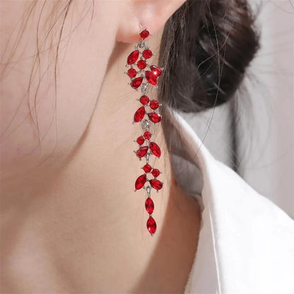 Women’s Leaf Long Tassel Earrings Full Zircon Party Wedding Jewelry