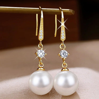 Korean Luxury Zircon Pearl Dangle Earrings for Women Temperament Long Drop Earrings Bridal Engagement Wedding Party Jewelry Gift