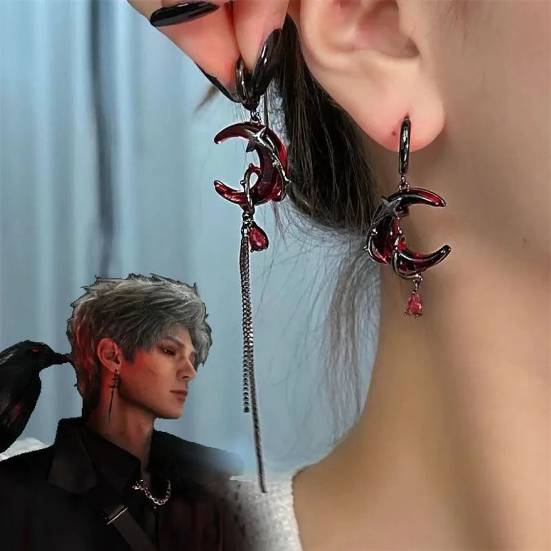 Game Love and Deepspace Sylus Cosplay Earring Unisex Red Moon Tassels Pendant Earstuds Earwear Eardrop Jewelry Accessories Prop