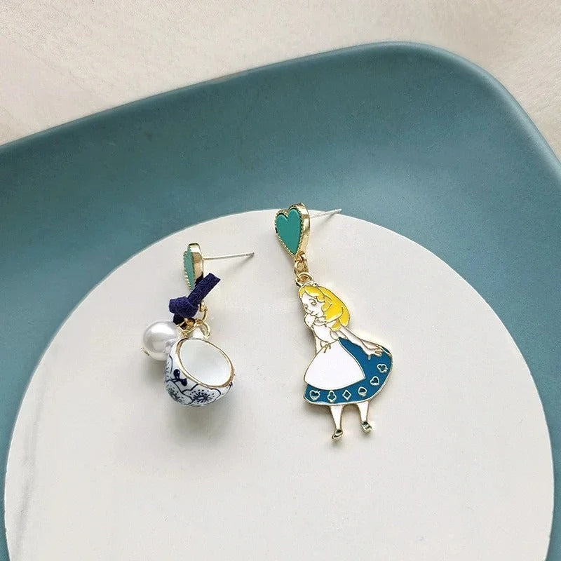 Carton Fairy Tale Princess Alice Earrings Imitation Pearl Blue Heart Dangle Earrings Cute Girls Enamel Earrings