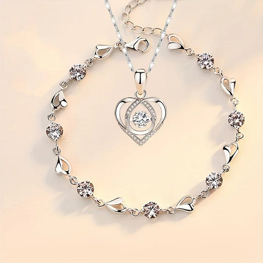 2pcs/set Sterling Silver Heart Bracelet Necklace Jewelry Set for Women Adjustable Charm Bracelet Luxury Party Jewelry