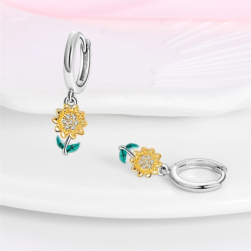 Sterling Silver Sunflower Double Hoop Earrings Women Birthday Jewelry