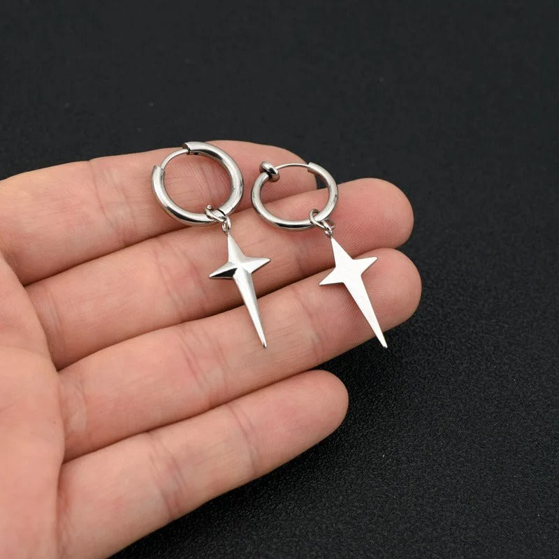 3D Cross Star Dangle Hoop Earrings Titanium Steel Punk Men