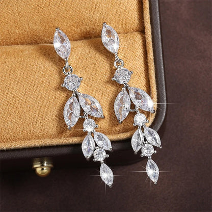 Elegant Marquise Leaf CZ Drop Earrings for Weddings
