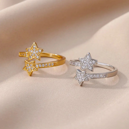Zircon Double Star Ring Trendy Y2K Gold Stainless Steel Jewelry for Women & Girls 2025