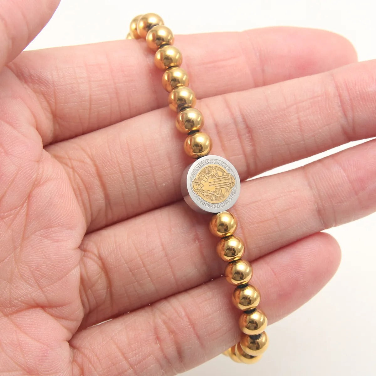Stainless Steel San Benito Bracelet for Women – Gold Color St. Benedict Cross with 6mm Beads