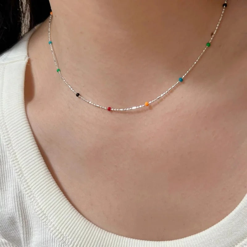 Pure 925 Sterling Silver Rainbow Bean Chain Necklace Women Girls Jewelry