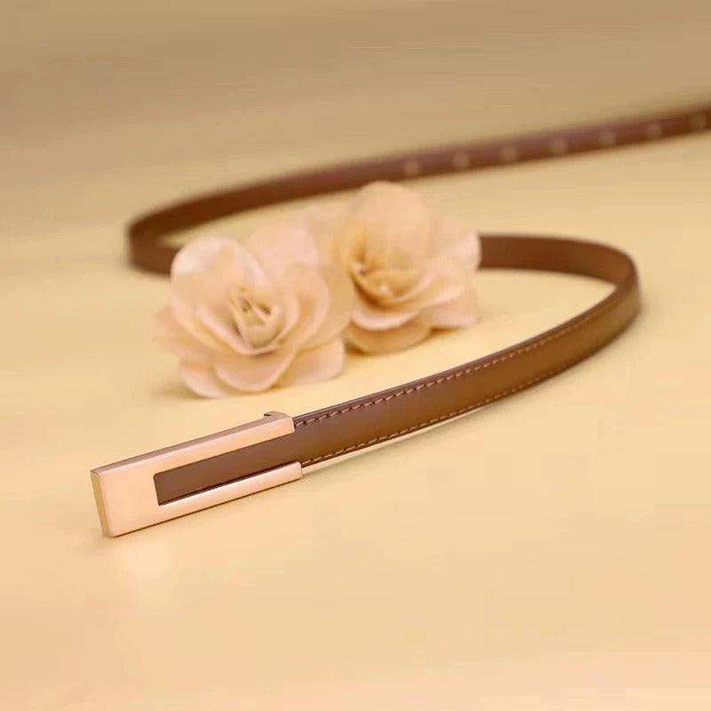 Real Leather Thin Belt Women Fashion  Gold Metal Black White Belt Female Jeans Dress Accessories Waistband Skinny Girdle