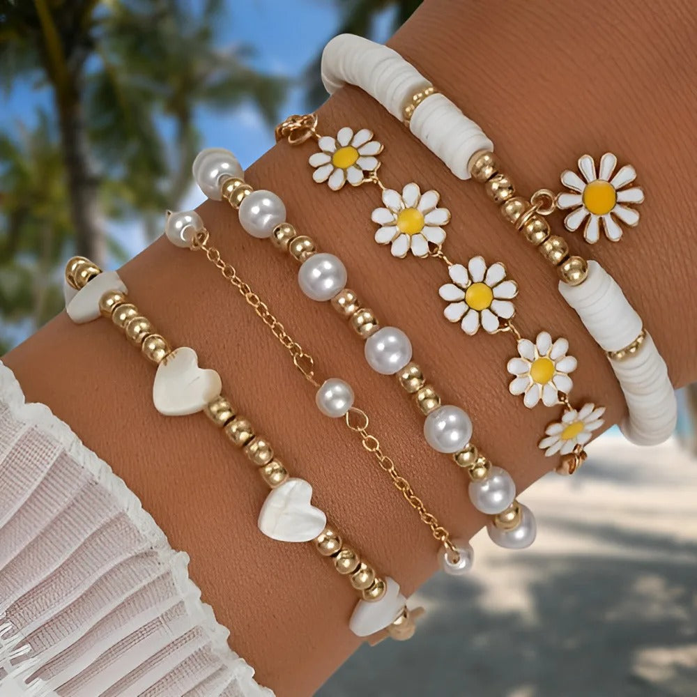 4-Pc Vintage Daisy Pearl Bracelet Set for Women Bohemian Style