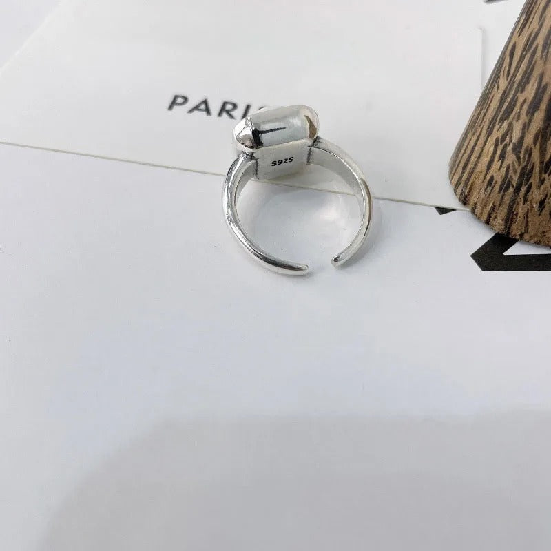 925 Sterling Silver Geometry Pearl Ring for Women Girl Gift Korean Versatile Finger Jewelry