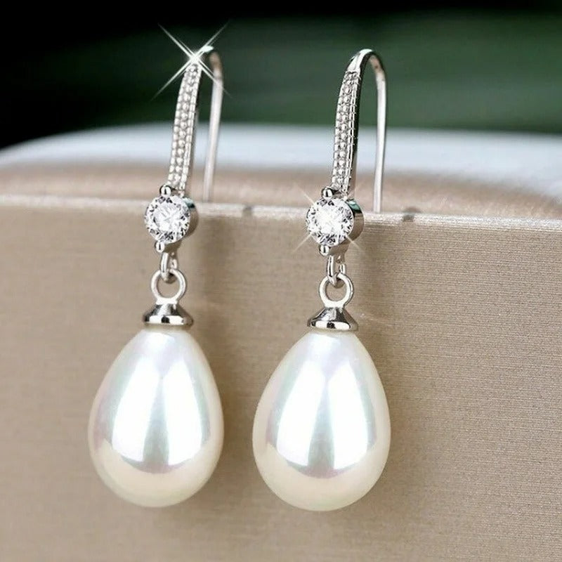Silver Water Drop Imitation Pearl Earrings for Women Red & Green