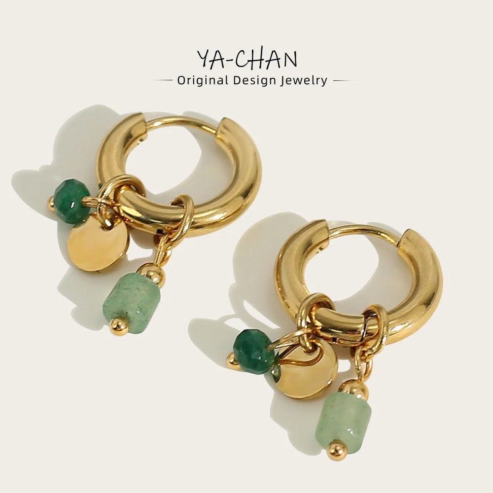 Women Gold Plated Stainless Steel Hoop Earrings Green Stone Charms
