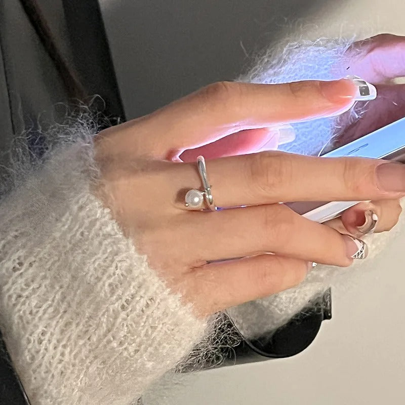 925 Sterling Silver Geometric Pearl Tassel Rings For Women Men Simple Design Fashion Open Adjustable Handmade Couple Ring Gift