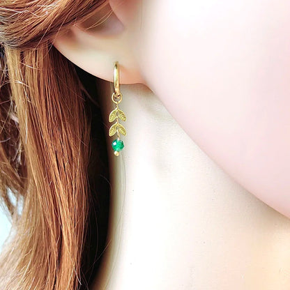 Summer Leaf Hoop Earrings Stainless Steel with Stone