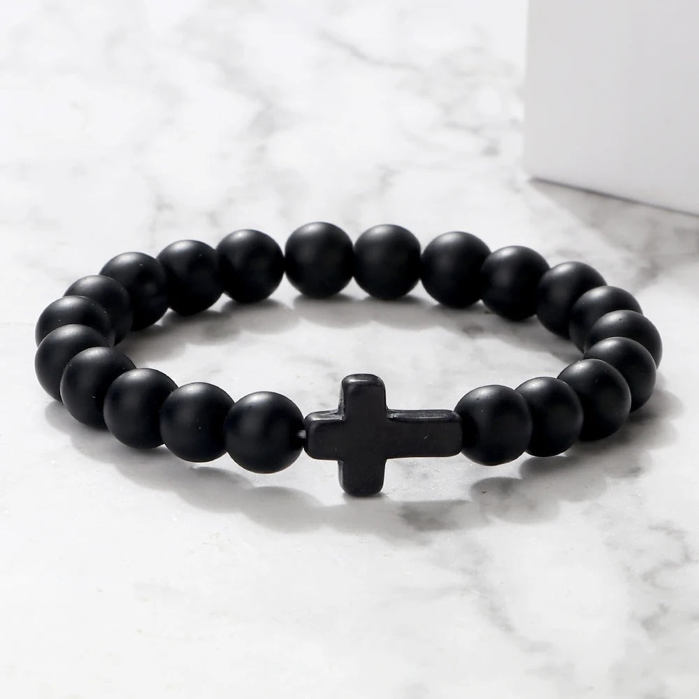 Charm Natural Stone Cross Bracelet Handmade Black Lava Beads