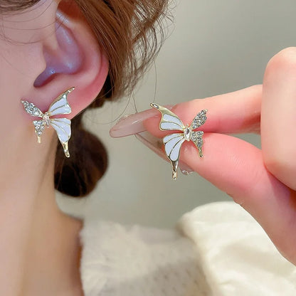 Butterfly Stud Earrings for Women White Enamel & Crystal Wings