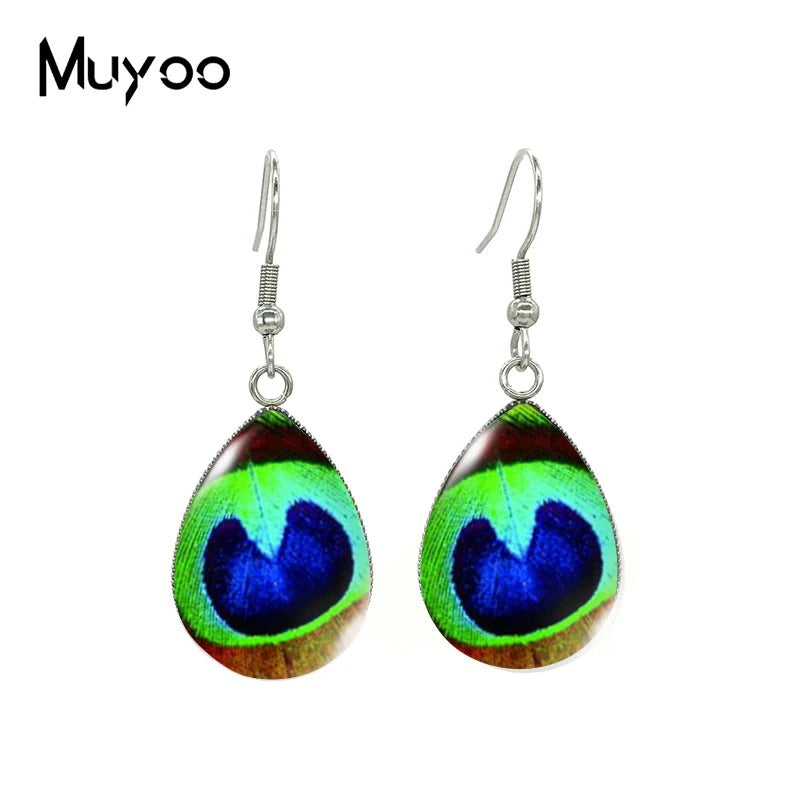 Peacock Design Teardrop Earrings Glass Pendant Earrings