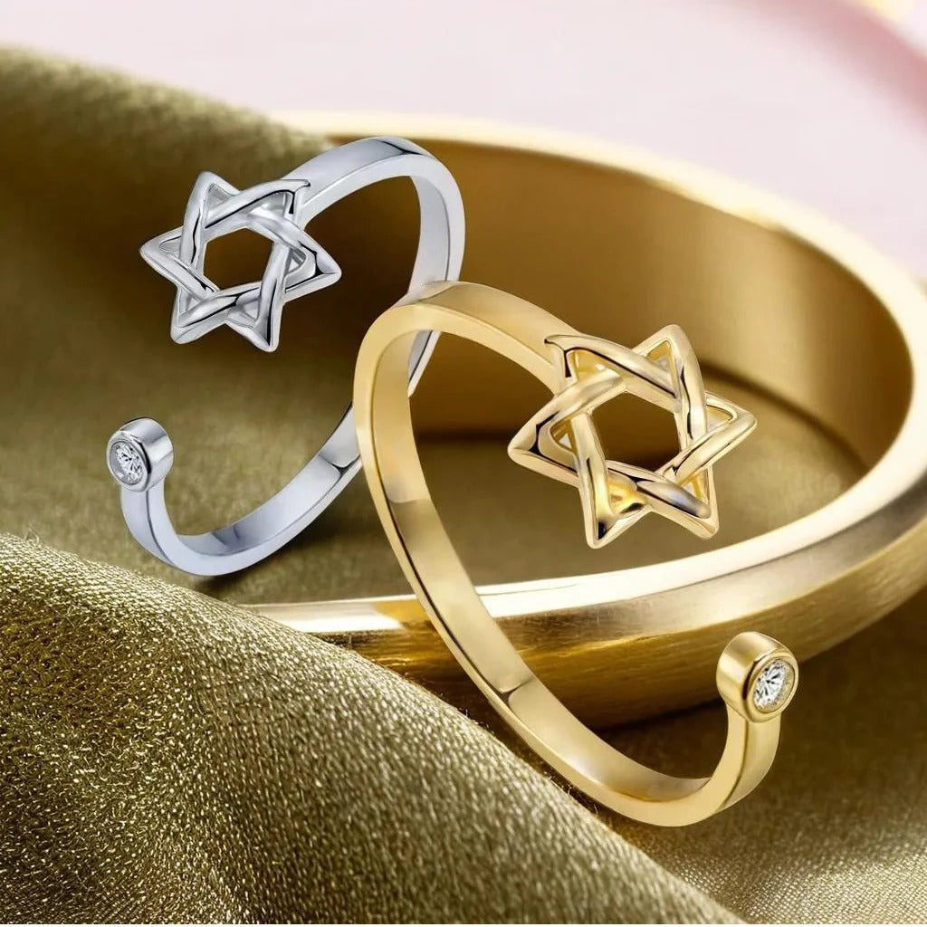 YILUOCD Hollow Hexagon Star of David Ring – Adjustable Zircon Jewish Promise Jewelry for Women