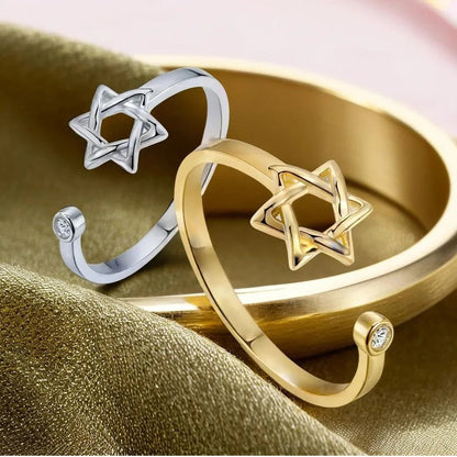 YILUOCD Hollow Hexagon Star of David Ring – Adjustable Zircon Jewish Promise Jewelry for Women
