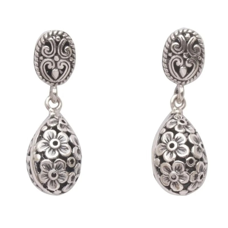 Silver Bohemian Flower Drop Earrings for Women