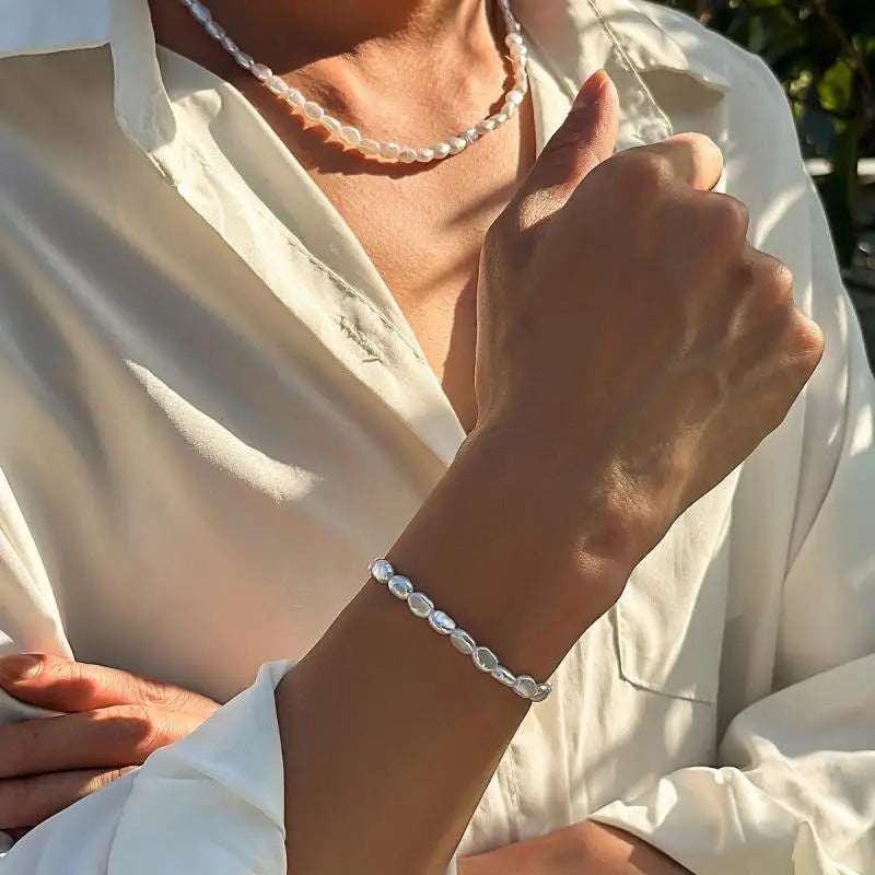 Oval Pearl Beaded Chain Bracelet & Necklace Set for Men & Women