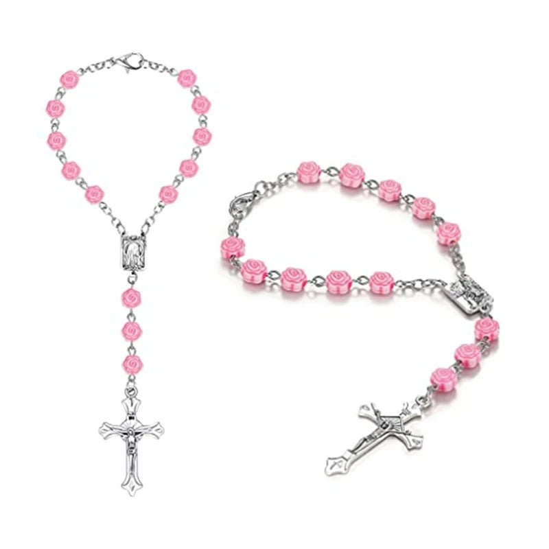 Pink Plastic Rose Flower Cross Rosary Bracelets For Women Car Hanger