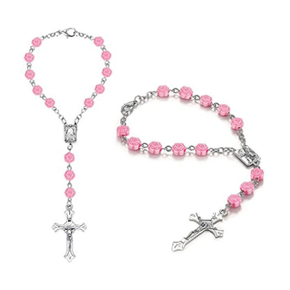 Pink Plastic Rose Flower Cross Rosary Bracelets For Women Car Hanger
