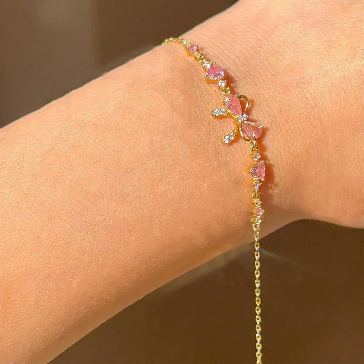 Y2K Pink Zircon Bowknot Heart Chain Bracelet Stainless Steel Women