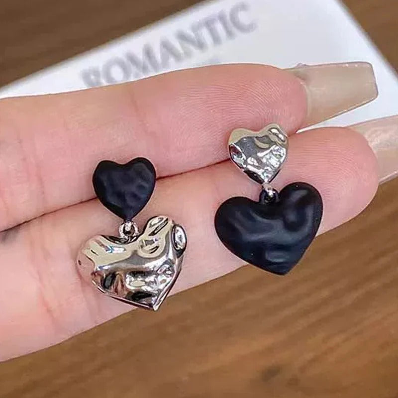 Silver Color Heart Drop Earrings for Women Black Contrast Color Double Loves Shape Dangle Earrings Party Jewelry