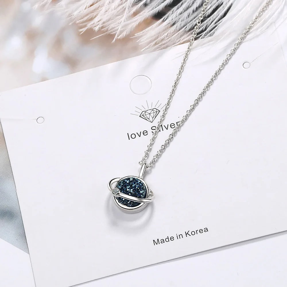 925 Sterling Silver Planet Blue Crystal Pendant Necklaces For Women Elegant Luxury Jewelry Accessories