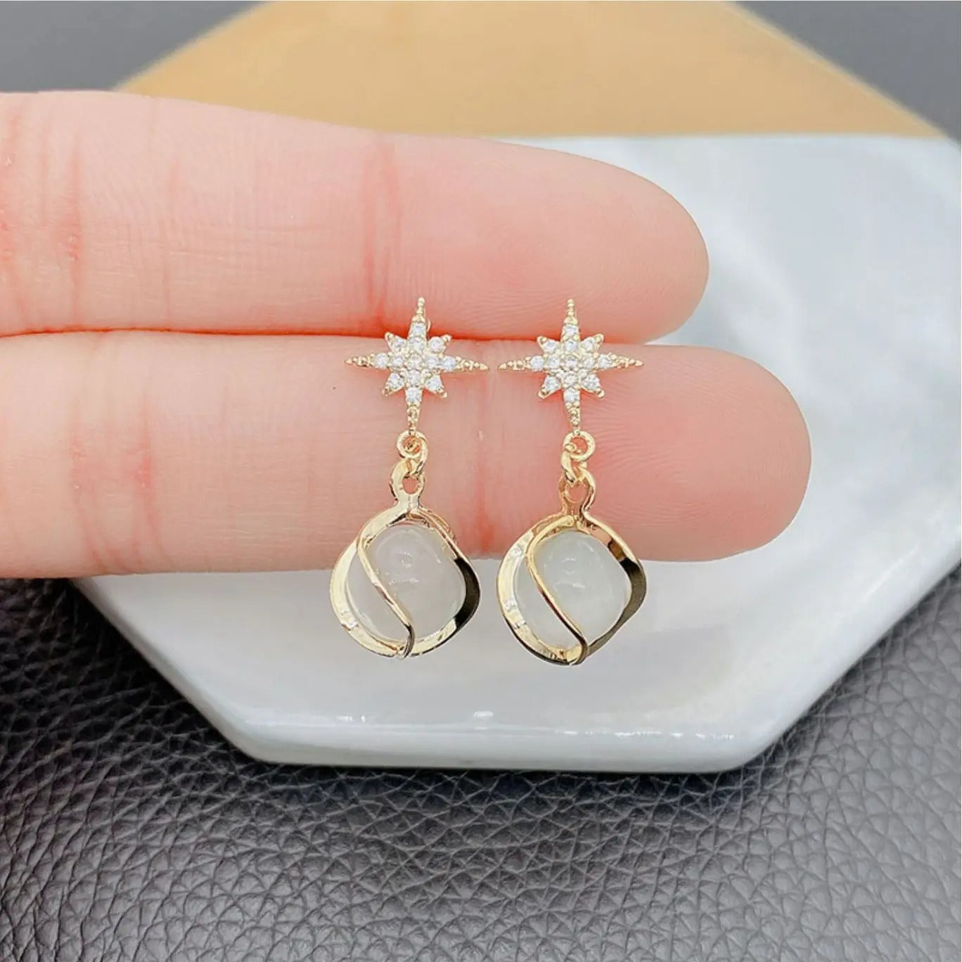 Opal Ball Crystal Star Dangle Earrings for Women Girls Wedding Party Jewelry Gift