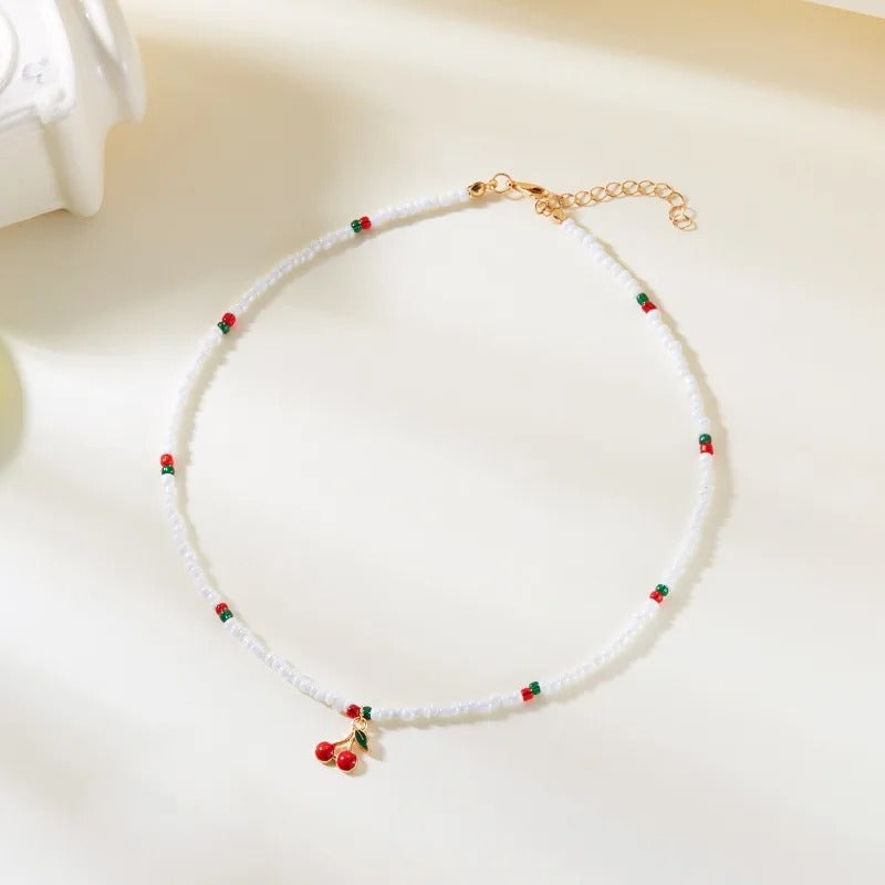 Long Way New Summer Lovely Rice Beaded Beaded Necklace Fresh with Strawberry Cherry Necklace Women