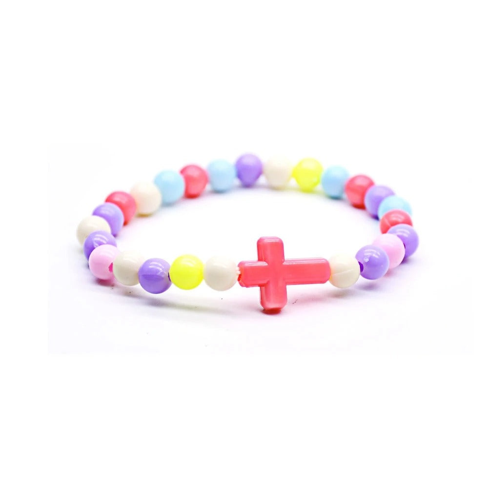 Plastic Beads Strand Cross Children Bracelets Elastic Religious Jewelry 5pcs/Pack