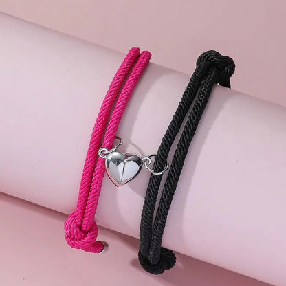 2-Pc Black & White Magnetic Couple Bracelets with Heart Charm