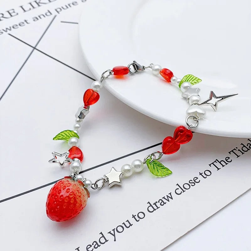 1 Pc Exquisite Strawberry Cute Fashion Color Alloy Beaded Bracelet Set Women