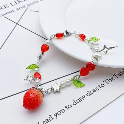 1 Pc Exquisite Strawberry Cute Fashion Color Alloy Beaded Bracelet Set Women